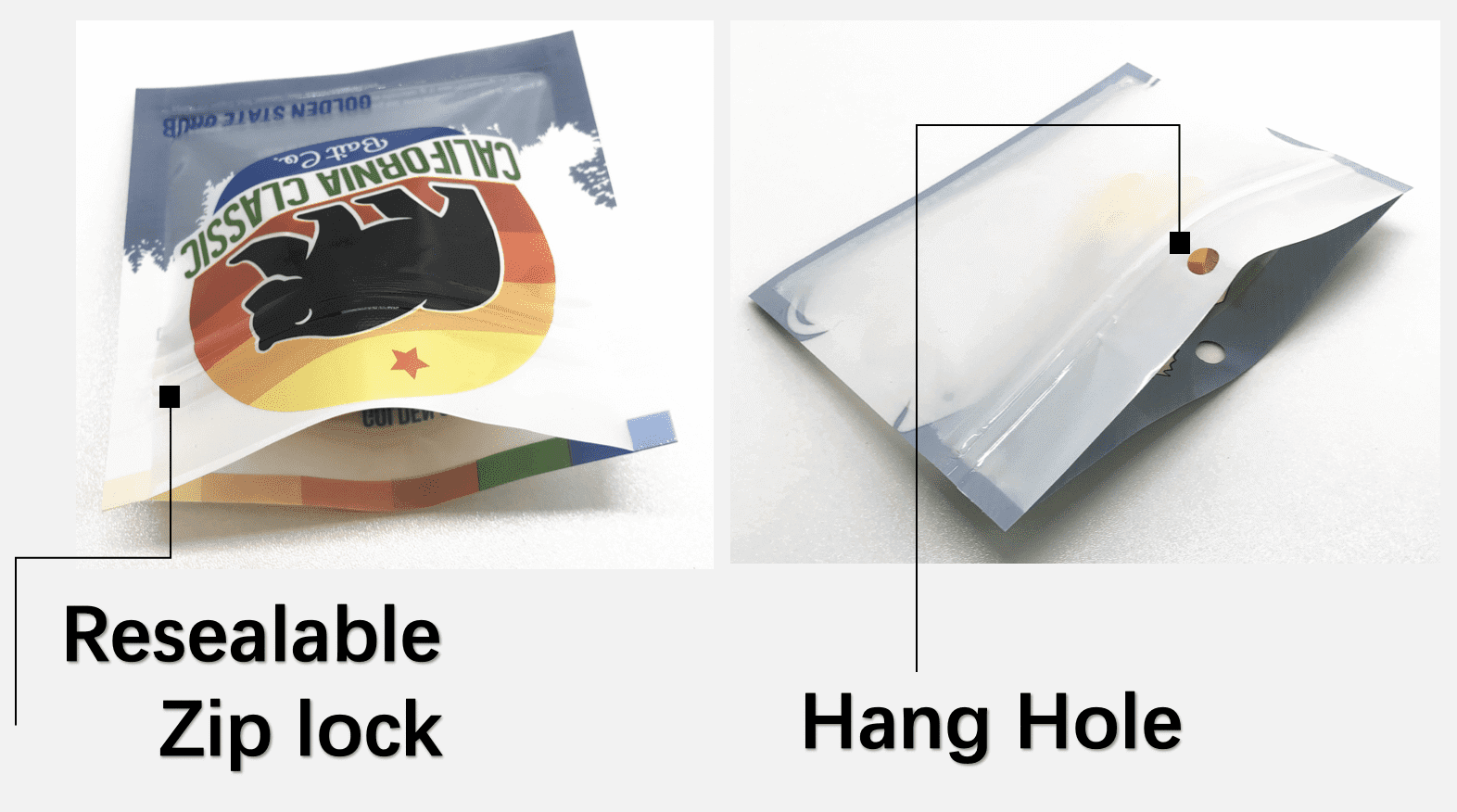 3 side seal pouch zip lock hang hole